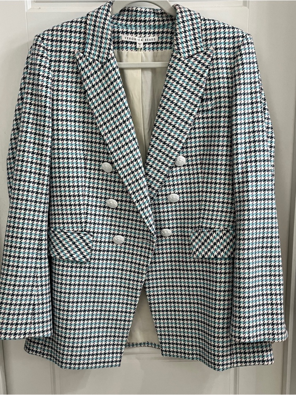 Veronica Beard Teal, Aqua & White Houndstooth Double-Breasted Jacket | Size 12